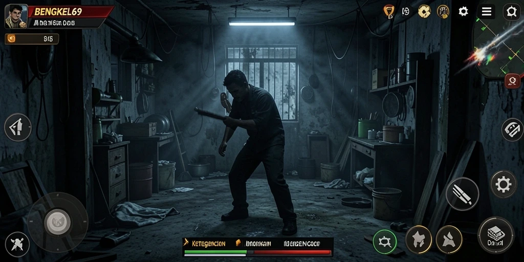 Screenshot gameplay menampilkan aksi menegangkan di dalam bengkel tua.