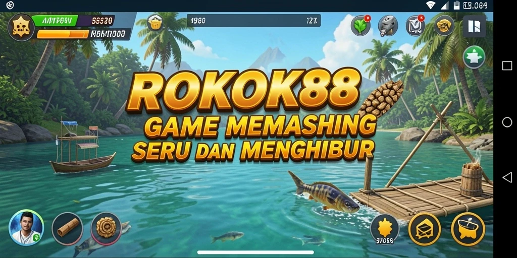 Tampilan gameplay ROKOK88 saat memancing di lautan yang indah.