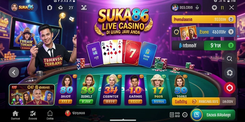 Screenshot utama SUKA86 menampilkan dealer profesional dan gameplay Live Casino yang menarik.